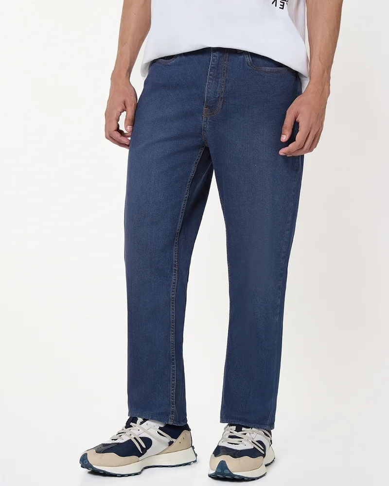 بيواكوف Men's Blue Slim Straight Fit Stretchable Washed Mid-Rise Jeans